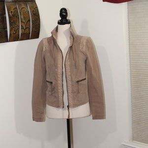 Marrakech, Anthropologie cropped  fitted front zip jacket Tan color